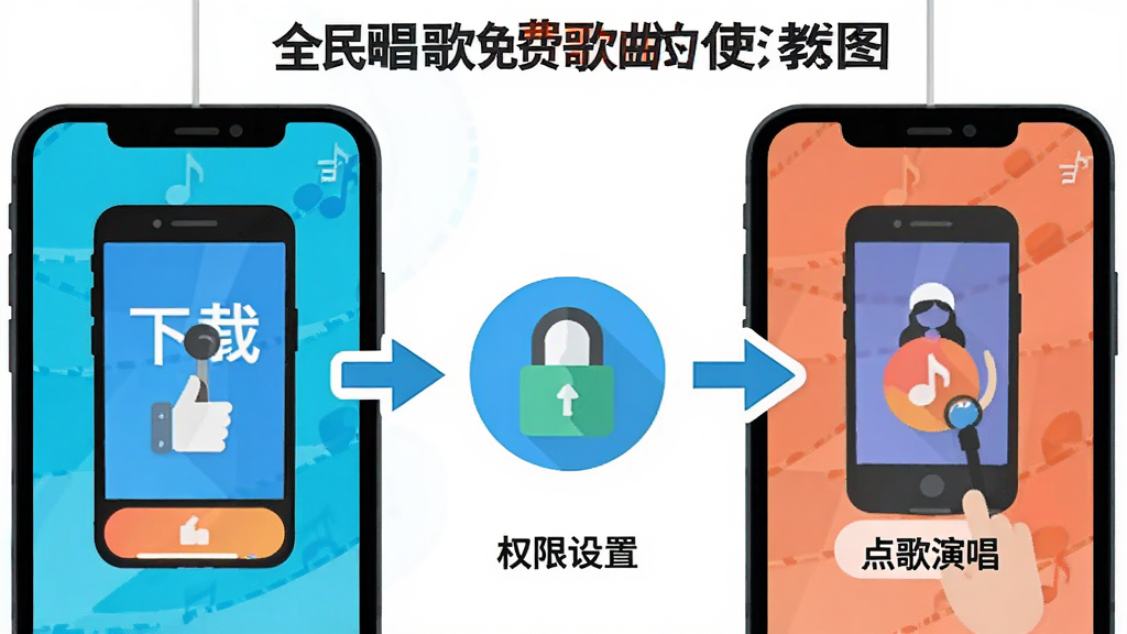 全民唱歌免费歌曲使用教程示意图,画面展示手机操作步骤,包括下载安装、权限设置、点歌演唱三个步骤,用简洁的图标和箭头串联,扁平化设计风格,色彩明快,背景干净,高清画质,无多余元素