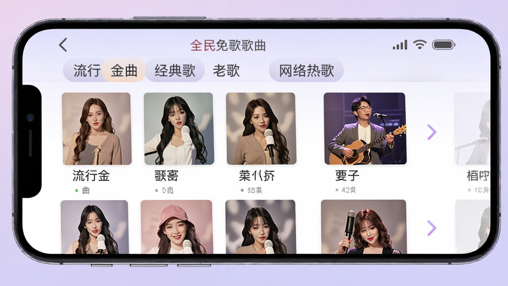 全民唱歌免费歌曲曲库界面,手机屏幕展示分类清晰的歌曲列表,包含流行金曲、经典老歌、网络热歌等标签,页面设计色彩柔和,风格简约清新,背景为淡紫色渐变,画面干净,高清晰度,无多余元素