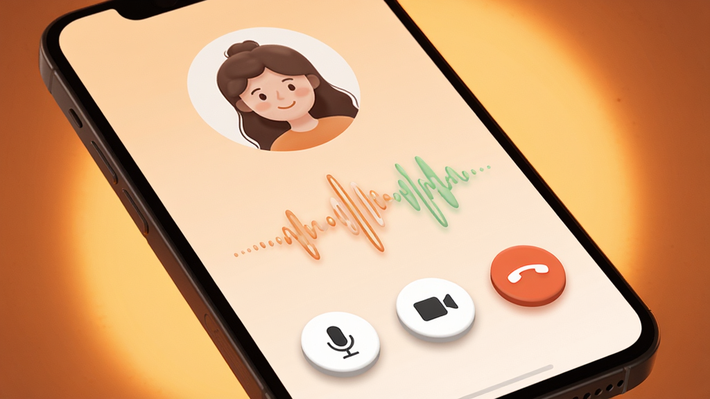 暖伴语音视频通话界面,手机屏幕显示通话中的用户头像与波形动画,屏幕底部有麦克风、摄像头和挂断按钮,背景是温馨的暖橙色光晕,布局以通话界面为主,风格柔和亲切,细节包括波形动画的起伏、按钮的立体感,画质高清、干净、无多余元素