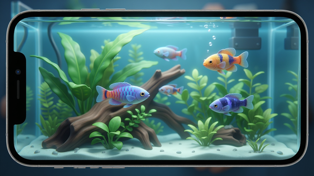 一张手机屏幕展示清澈水族箱的画面,画面中央有几条色彩鲜艳的观赏鱼在绿植与沉木间游动,整体色调以蓝绿色为主,光线柔和,风格写实治愈,细节丰富,画质清晰干净,画面中不出现任何文字。