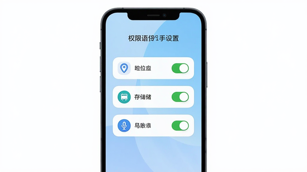 手机语音导航上手设置界面,手机屏幕展示权限开启引导页面,包含定位、存储、麦克风三个权限图标,每个图标旁有绿色开启开关,背景为浅蓝色渐变,风格清新友好,画质清晰,干净无多余元素