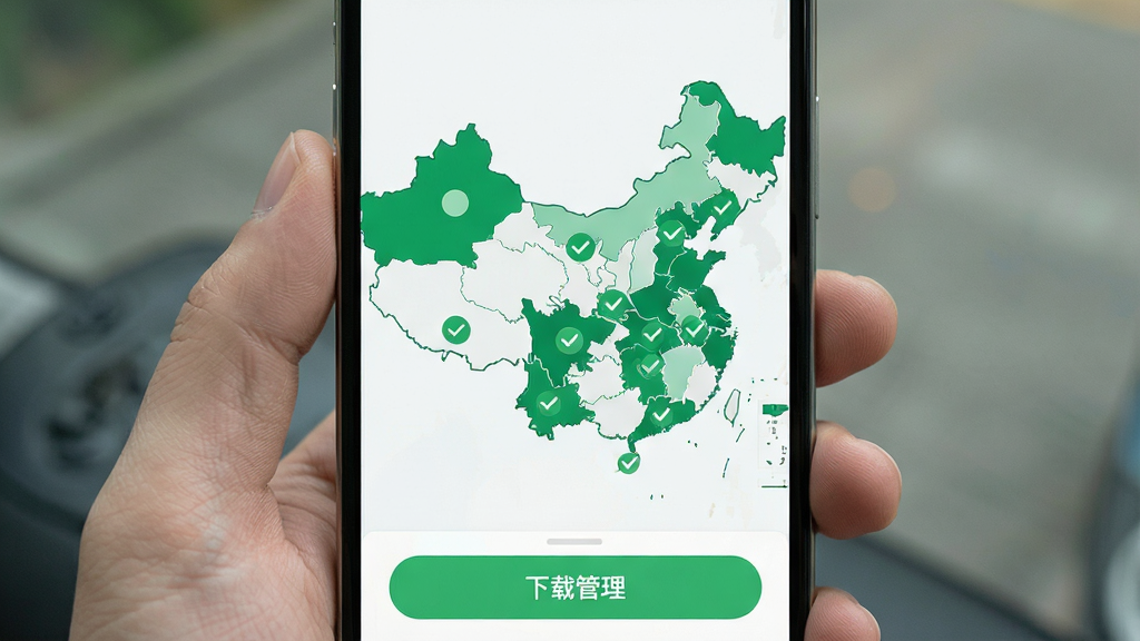 手机语音导航离线地图下载界面,手机屏幕显示中国地图轮廓,多个省份区域显示已下载状态,带有绿色对勾图标,下方有下载管理按钮,整体风格清新浅色,画质清晰,干净无多余元素