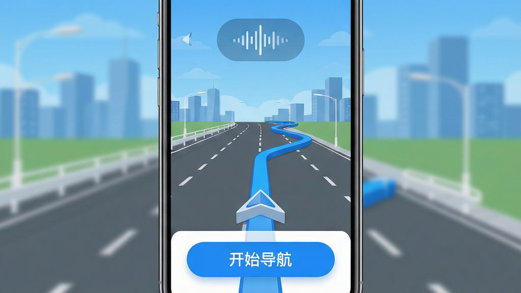 手机语音导航软件主界面,画面中央展示一条清晰的3D导航路线,蓝色路线箭头向前延伸,屏幕上方显示语音播报波形图标,下方有醒目的开始导航按钮,背景是城市道路与蓝天,整体风格简洁清爽,UI设计现代扁平化,画质高清,干净无多余元素