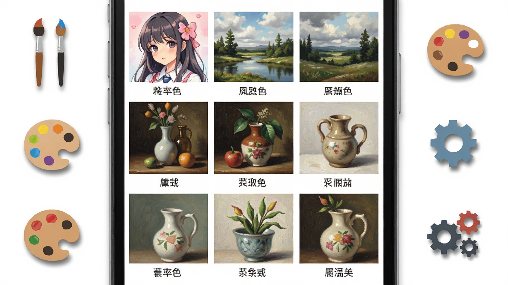 画面展示一个手机屏幕特写,屏幕内呈现九宫格排列的不同风格画作,包括动漫少女、写实风景、油画静物等,每幅画下方带有风格标签,手机周围环绕着画笔、调色板和齿轮等小图标,风格为清新扁平化设计,布局对称整齐,细节上图标带有轻微投影,画质清晰,干净,无多余元素