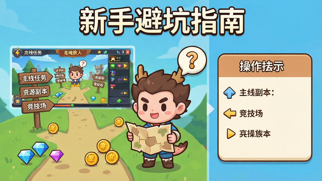 龙魂旅人新手引导界面截图风格插画,主体为一位Q版新手角色手持地图站在岔路口,布局采用左右分栏,左侧为游戏主界面缩略图、右侧为操作提示框,排版顶部横排显示“新手避坑指南”标题文字,风格为扁平化卡通教学插画,细节包含路标上标注的“主线任务”“资源副本”“竞技场”等指示牌、角色头顶的问号气泡、地面散落的钻石与金币图标,画质为高清、色彩明快、干净无多余元素
