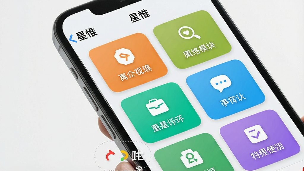 一张展示“星惟”应用功能模块布局的图片,手机屏幕中排列多个彩色功能卡片,每个卡片带有图标与文字标签,背景为浅色,风格整齐,画质干净,无多余元素