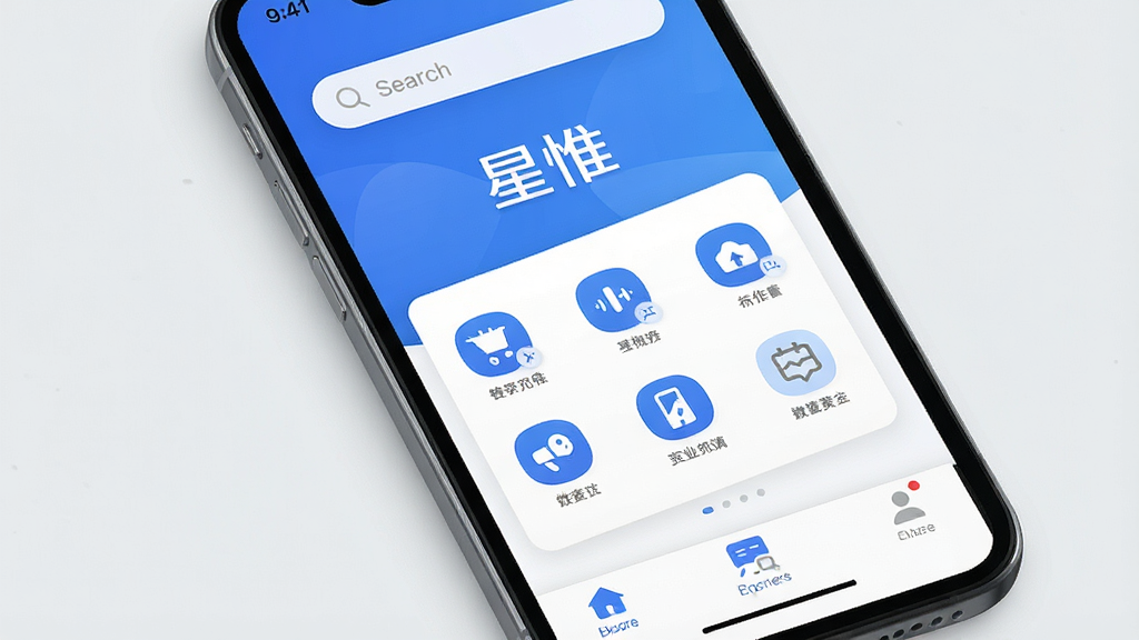 一张展示智能手机屏幕的图片,屏幕中央显示“星惟”应用主界面,界面采用蓝白配色,顶部有搜索栏,中部排列多个功能图标,底部有导航栏,背景为干净浅灰色,整体风格简洁现代,画质清晰,无多余元素