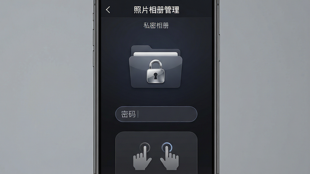 照片相册管理私密相册加密功能界面,主体为手机屏幕,屏幕中显示照片相册管理应用的加密相册入口界面,布局为中央有一个带锁图标的文件夹,下方有密码输入框和手势解锁区域,排版居中对称,风格为深色安全主题,细节上体现锁图标的光泽感、密码框的圆角设计、背景的暗色渐变,画质高清,画面干净,无多余元素,界面文字包含“照片相册管理”和“私密相册”