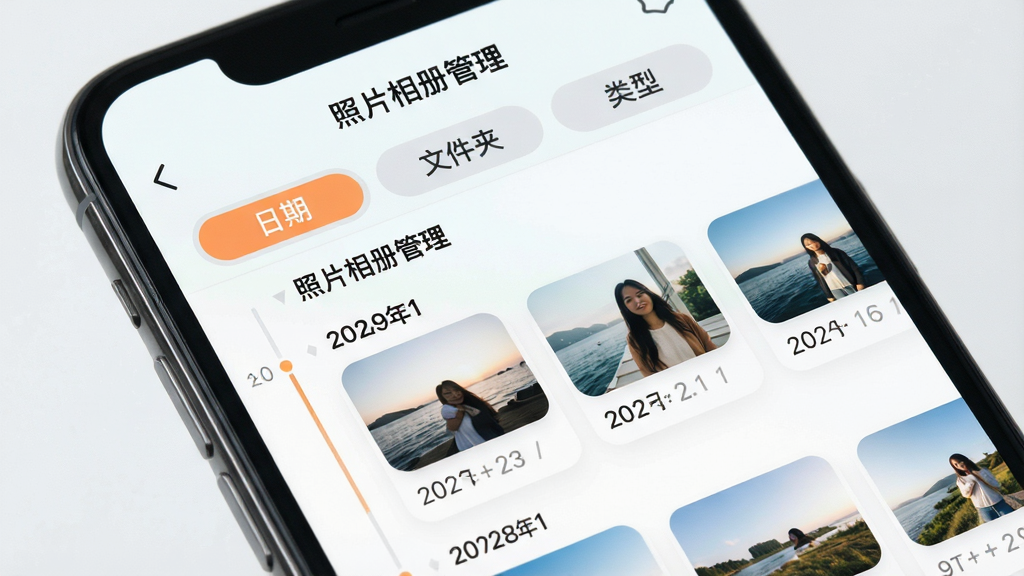 照片相册管理智能分类功能展示,主体为手机屏幕特写,屏幕中显示照片相册管理应用的照片分类界面,布局为顶部有“日期”“文件夹”“类型”三个标签,中间区域按照时间轴排列照片分组,每组显示日期和照片数量,排版简洁明了,风格为清新浅色系,细节上体现分类标签的高亮状态、照片缩略图的小圆角、分组标题的字体粗细对比,画质清晰,画面干净无多余元素,界面中文字包含“照片相册管理”