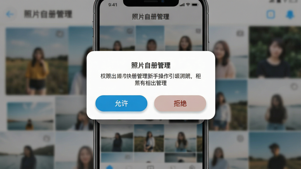 照片相册管理新手操作引导界面,主体为手机屏幕,屏幕中显示照片相册管理应用的权限请求弹窗,布局为中央弹窗包含权限说明文字和“允许”“拒绝”两个按钮,背景为虚化的相册主界面,排版简洁,风格为扁平化设计,细节上体现弹窗的阴影层次、按钮的圆角与颜色区分,画质清晰,画面干净,无多余元素,界面文字包含“照片相册管理”
