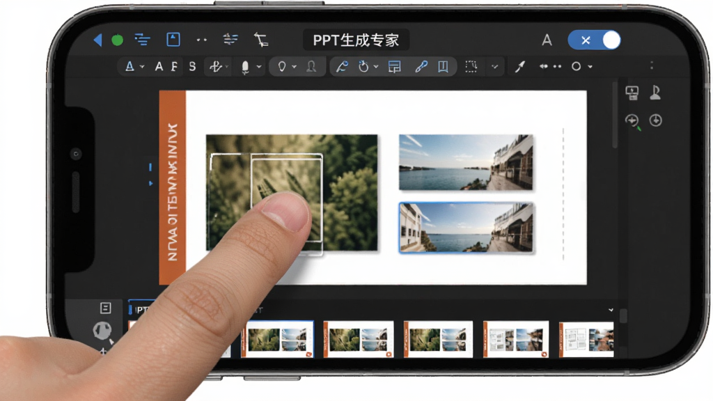 PPT����ר�������༭���棬�ֻ���Ļչʾ���ڱ༭����ʾ�ĸ�ҳ�棬�Ϸ������ֱ༭���������м���ͼ�Ļ��ŵĻõ�Ƭ���ݣ��·���ҳ������ͼ�б�����ָ������ק����ͼƬλ�ã��������࣬ϸ�����������ʸɾ����޶���Ԫ��