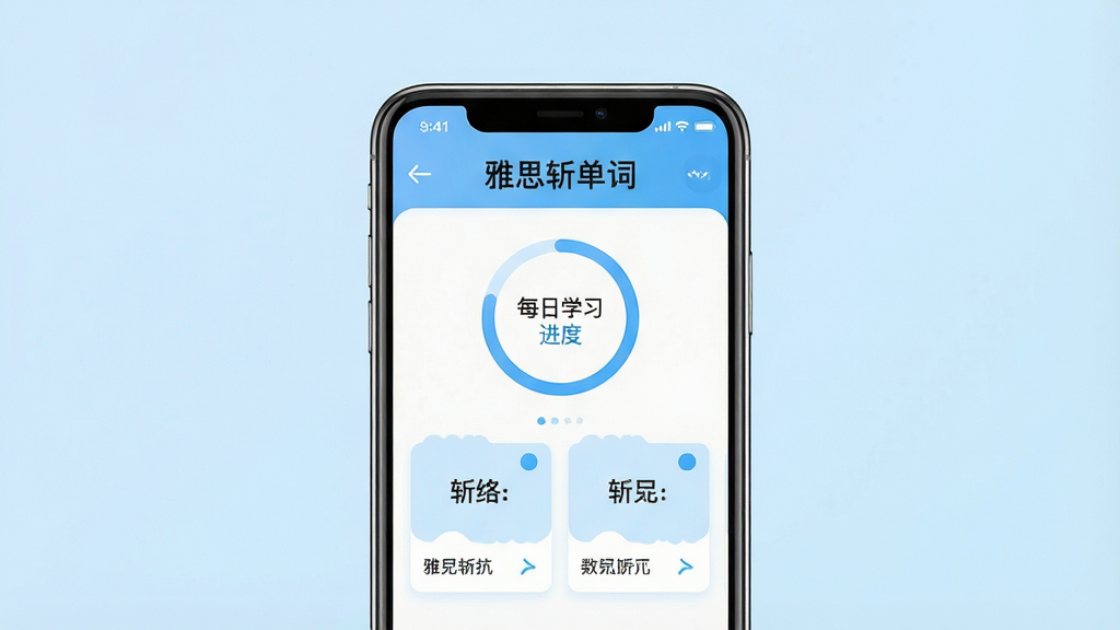 一张展示雅思斩单词软件主界面的图片,画面中央是手机屏幕,屏幕内显示软件首页,顶部有“雅思斩单词”文字标识,下方是每日学习进度环和单词卡片,背景为浅蓝色渐变,风格简洁清新,细节清晰,画质干净无多余元素