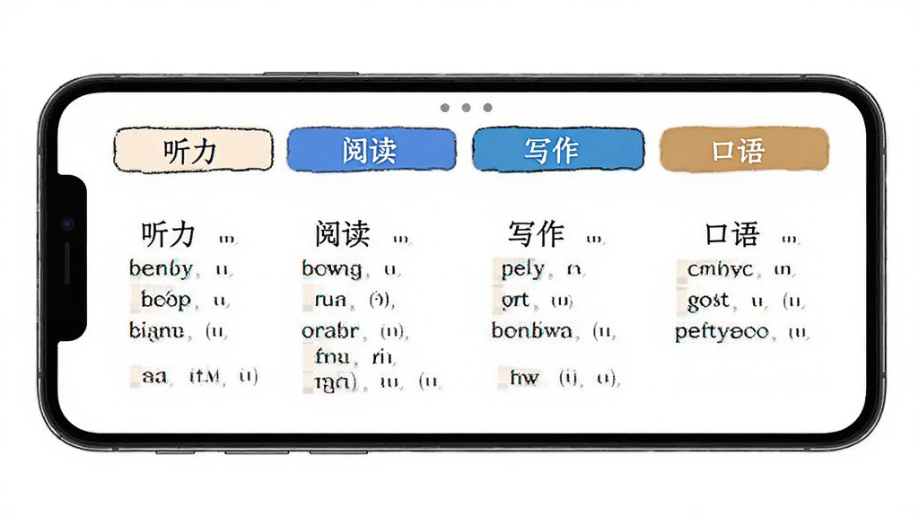 一张展示雅思斩单词场景化词库的图片,手机屏幕内显示听力、阅读、写作、口语四个分类标签,下方列出对应单词及例句,背景为白色,排版整齐,风格简约,画质清晰,无多余元素