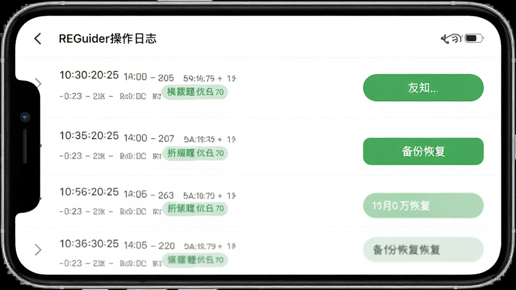 一张展示REGuider操作日志与备份恢复功能的界面截图,主体为手机屏幕居中显示,屏幕上显示操作记录列表和备份恢复按钮,布局为竖版手机界面,风格为清新浅色设计,细节包括时间戳、操作类型标签、绿色恢复按钮,画质高清,干净,无多余元素