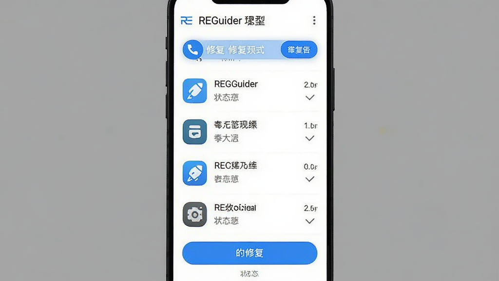 一张展示REGuider应用配置修复功能的界面截图,主体为手机屏幕居中显示,屏幕上显示应用列表和修复按钮,布局为竖版手机界面,风格为简洁扁平化设计,细节包括白色背景、蓝色操作按钮、应用图标列表和状态提示文字,画质高清,干净,无多余元素