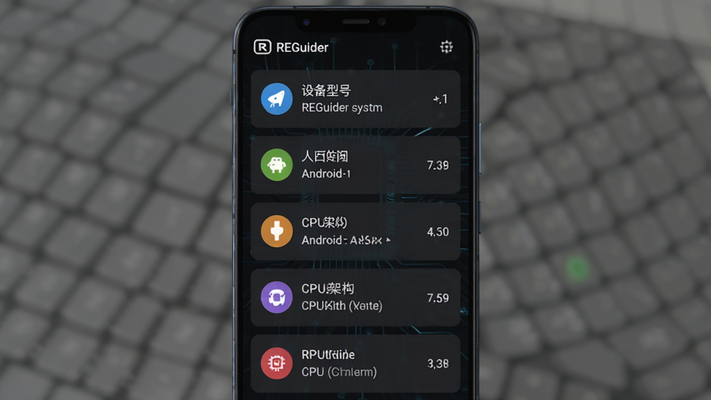 一张展示REGuider系统信息查看面板的界面截图,主体为手机屏幕居中显示,屏幕上列出设备型号、安卓版本、CPU架构等系统信息,布局为竖版手机界面,风格为深色主题科技风,细节包括数据卡片式排列、彩色图标标识、清晰的数值显示,画质高清,干净,无多余元素
