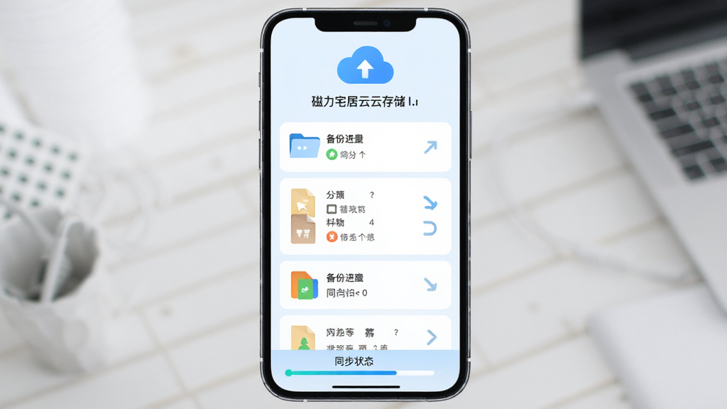 磁力宅居云云存储功能界面,主体为手机屏幕展示云端文件列表与备份进度,布局为顶部云朵图标标题、中部文件卡片列表、底部同步状态栏,排版整齐,风格为清新浅色系,细节包括蓝色云朵图标、文件类型标识、同步箭头,画质高清,画面干净,无多余元素