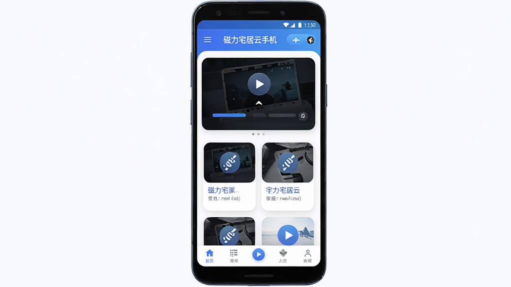 磁力宅居云手机应用主界面展示,主体是一部居中放置的安卓手机,屏幕上显示磁力宅居云的资源列表与云播播放器界面,布局为上方标题栏、中部卡片式资源列表、底部导航栏,排版简洁清晰,风格为现代科技感扁平化设计,细节包括蓝色渐变按钮、圆角卡片、磁力链接图标和播放按钮,画质高清,画面干净,无多余元素