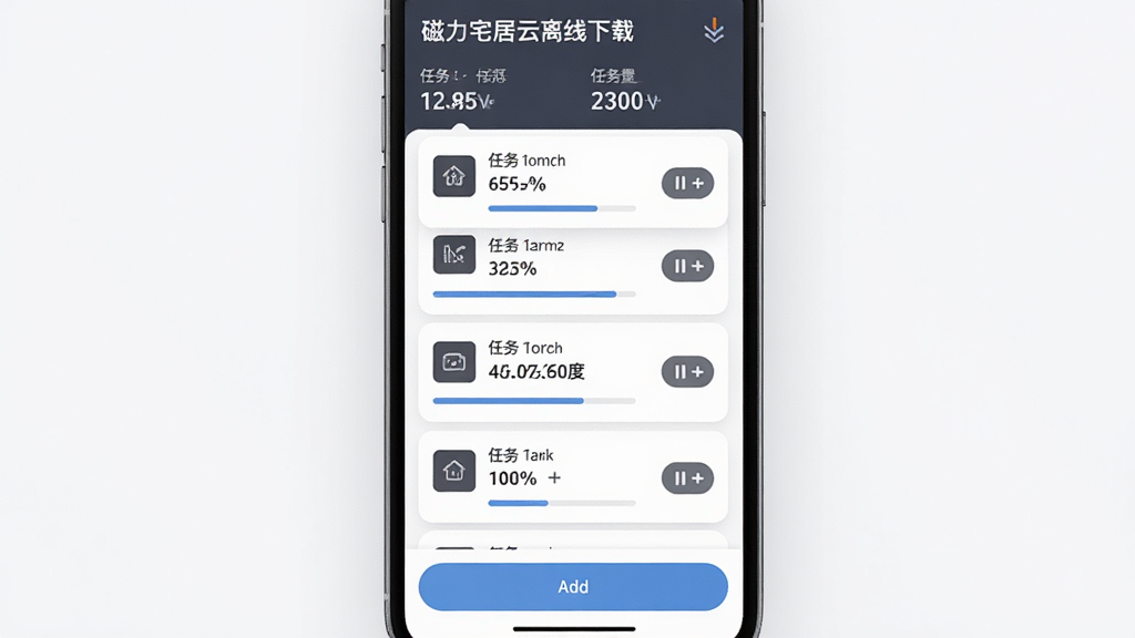 磁力宅居云离线下载任务管理界面,主体为手机屏幕展示下载任务列表与进度条,布局为顶部任务统计、中部任务卡片、底部添加按钮,排版纵向分布,风格为简约商务风,细节包括进度百分比、下载速度显示、暂停继续按钮,画质高清,画面干净,无多余元素