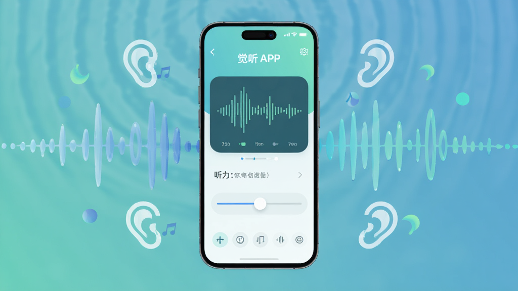画面中央是一部智能手机,手机屏幕显示觉听APP主界面,界面中有音频波形和听力调节滑块,手机周围环绕着抽象的声音波纹和耳朵图标,布局简洁居中,风格为扁平化科技感,细节包括柔和的蓝绿色渐变背景,画质高清,干净,无多余元素