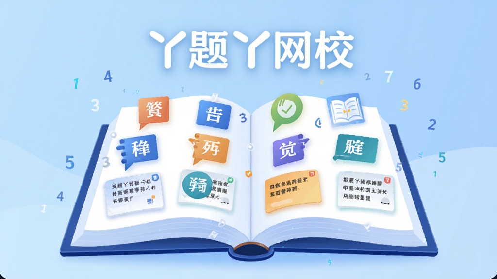 画面主体是一本打开的巨大电子题库书,书页上浮现出各种考试科目的图标和题目卡片,丫题丫网校的名称以柔和的光效呈现在书本上方,周围有细小的数字符号飘浮,背景为浅蓝色渐变,扁平化科技插画风格,构图居中,细节丰富,画质干净清晰,无多余元素