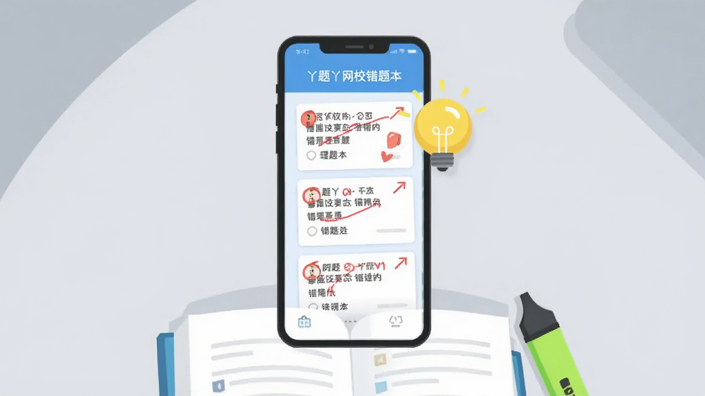 画面主体是一部手机屏幕展示丫题丫网校错题本界面,红色标注的错题卡片整齐排列,旁边有一个发光的灯泡图标象征理解掌握,手机下方有打开的书本和荧光笔,背景为淡灰色桌面,扁平化插画风格,色调清爽,构图简洁,画质干净清晰,无多余元素