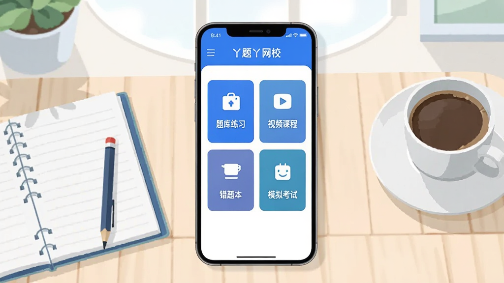 画面主体是一部智能手机,屏幕显示丫题丫网校应用主界面,界面中有题库练习、视频课程、错题本、模拟考试四个功能卡片,手机周围摆放着笔记本、铅笔和一杯咖啡,背景是明亮整洁的书桌,采用扁平化插画风格,色调以蓝白为主,细节清晰,构图居中,画质干净清晰,无多余元素