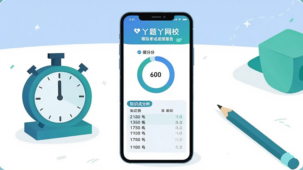 画面主体是一部手机显示丫题丫网校模拟考试成绩报告页面,页面中有环形得分图表和知识点分析列表,手机旁边有计时器和铅笔,背景为简洁的白色桌面,扁平化插画风格,色调以蓝绿为主,构图居中,细节清晰,画质干净清晰,无多余元素