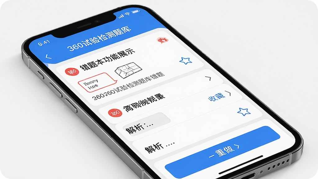 备考360试验检测题库错题本功能展示,主体为手机屏幕中显示错题列表与重做按钮,布局为列表式排版,风格为清爽教育类UI,细节包含红色错题标记、题目摘要、解析入口、收藏图标,画质高清,画面干净,无多余元素