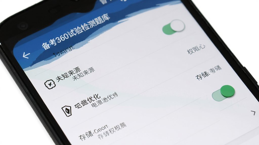 备考360试验检测题库安卓手机安装权限设置界面展示,主体为手机屏幕中显示应用权限管理页面,布局为设置项列表排版,风格为安卓系统设置界面,细节包含未知来源开关、电池优化选项、存储权限开关,画质高清,画面干净,无多余元素