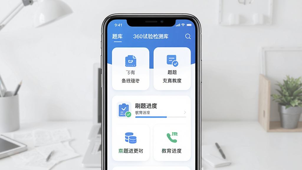 备考360试验检测题库手机端首页界面展示,主体为一部竖屏智能手机,屏幕内呈现题库分类导航与刷题进度卡片,布局居中对称,排版整洁大方,风格为现代扁平化教育类UI设计,细节包含蓝色主色调、圆角模块、清晰图标与文字标签,画质高清,画面干净,无多余元素
