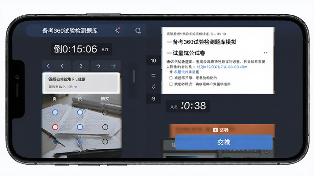 备考360试验检测题库模拟考试界面展示,主体为手机屏幕中显示倒计时、答题卡与试卷题目,布局为考试答题排版,风格为严肃考试类UI设计,细节包含计时器、题号导航、选项按钮、交卷按钮,画质高清,画面干净,无多余元素