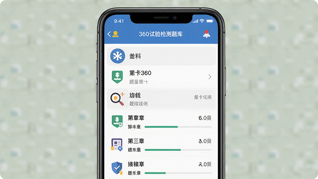 备考360试验检测题库功能界面展示,主体为手机屏幕中显示多科目题库目录与章节列表,布局为上下结构,排版清晰有序,风格为教育类APP界面设计,细节包含科目图标、章节名称、题量统计、进度条,画质高清,画面干净,无多余元素