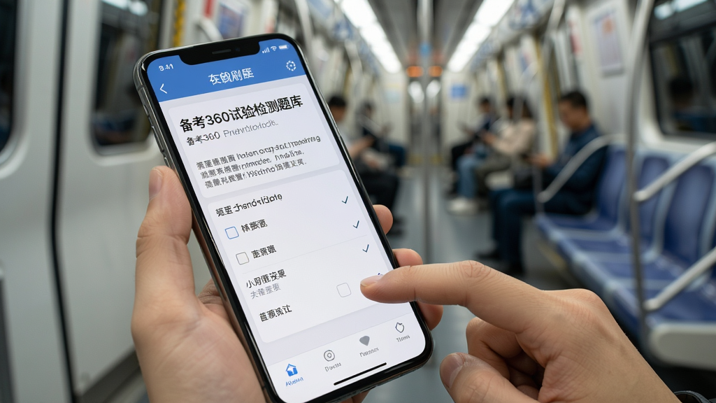 备考360试验检测题库离线刷题场景展示,主体为手机屏幕中显示题目与选项,背景为地铁车厢环境,布局为手持手机特写,风格为真实生活场景与UI结合,细节包含手机界面、手指点击选项、车厢座椅虚化背景,画质高清,画面干净,无多余元素