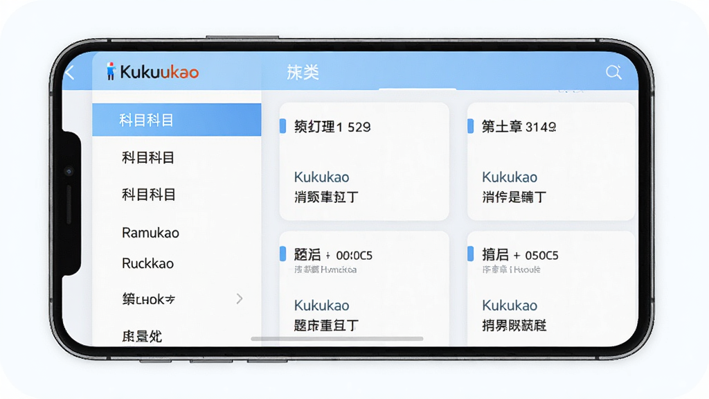 一张展示Kukukao题库分类界面的AI生成图,画面主体为手机屏幕内呈现的科目列表与章节选择界面,左侧为科目导航栏,右侧为题目卡片,界面中标注