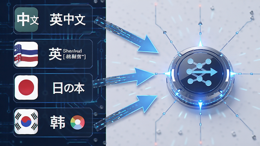 画面展示顺利翻译软件的多语言互译功能,左侧列出中文、英文、日文、韩文等语言图标,右侧用箭头指向一个中心翻译引擎图标,整体布局对称,风格科技感十足,细节丰富,画质清晰,背景干净无杂乱元素