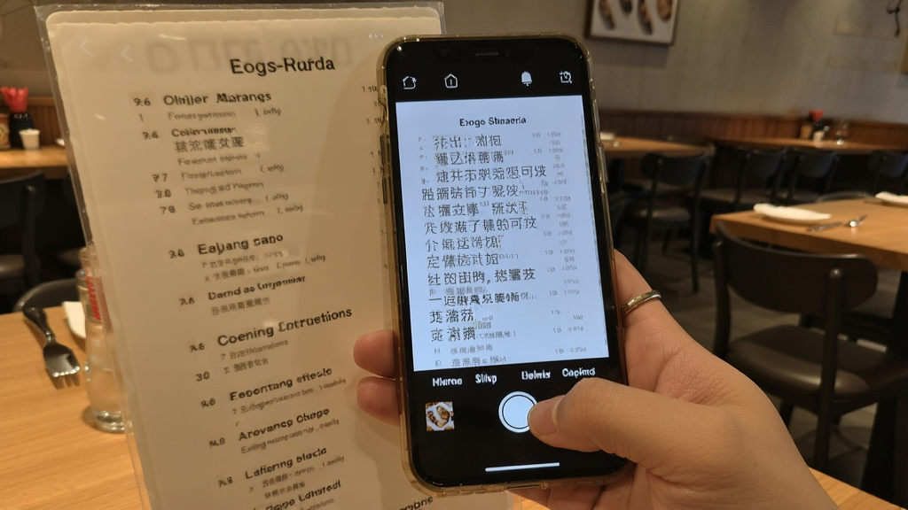 画面中一只手拿着手机对着英文菜单拍照,手机屏幕上显示顺利翻译软件正在识别菜单文字并叠加中文翻译结果,背景为餐厅环境,风格写实,细节清晰,画质干净,无多余装饰元素