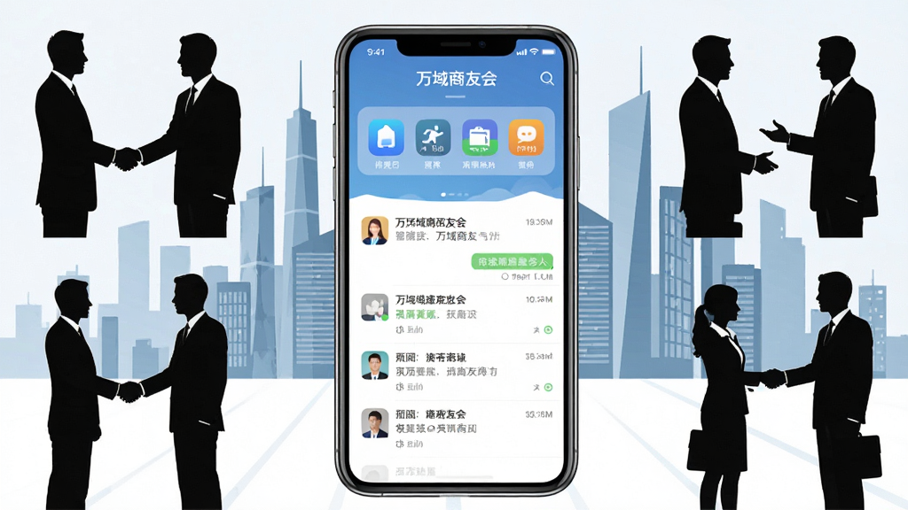 一张展示商务社交场景的图片,画面中央是手机屏幕显示万域商友会应用界面,周围环绕着商务人士握手、交谈的剪影,背景是现代化城市天际线,整体布局为手机居中、人物剪影环绕四周,风格为简洁扁平化商务风,细节上手机屏幕清晰展示应用图标与聊天列表,画质清晰,干净,无多余元素