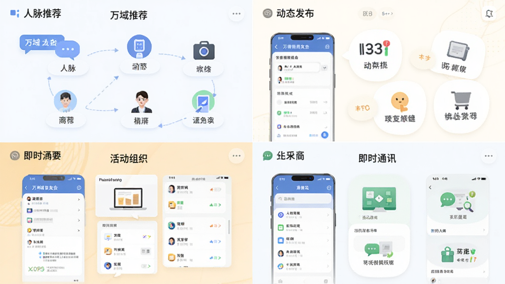 一幅展示万域商友会核心功能的合成图,画面分为四个区域分别展示人脉推荐、动态发布、活动组织和即时通讯界面,四个区域以网格形式排列,风格为现代扁平化UI设计风格,细节上每个区域有对应的图标和简要文字标识,画质清晰,干净,无多余元素