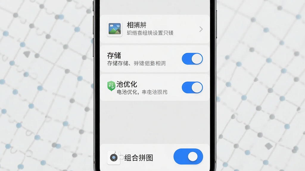 手机屏幕展示组合拼图软件的权限设置引导页面,画面中显示相册、存储、电池优化三项权限开关,布局为纵向列表排版,风格为简洁商务浅灰质感,细节包括每项权限旁的说明文字、底部“组合拼图”品牌标识、蓝色高亮开启按钮,画质清晰干净,无多余元素