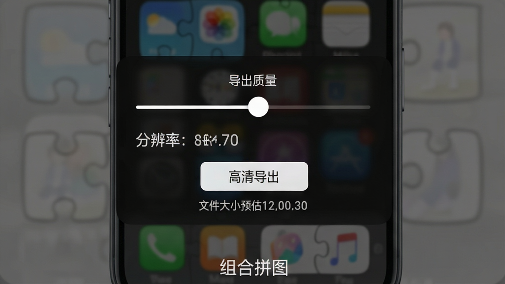 手机屏幕显示组合拼图软件的导出设置弹窗,画面中央是导出质量选择滑块和分辨率数值,布局为居中弹窗式排版,风格为深色半透明背景搭配白色文字,细节包括“高清导出”按钮、文件大小预估数值、底部“组合拼图”水印标识,画质清晰干净,无多余元素