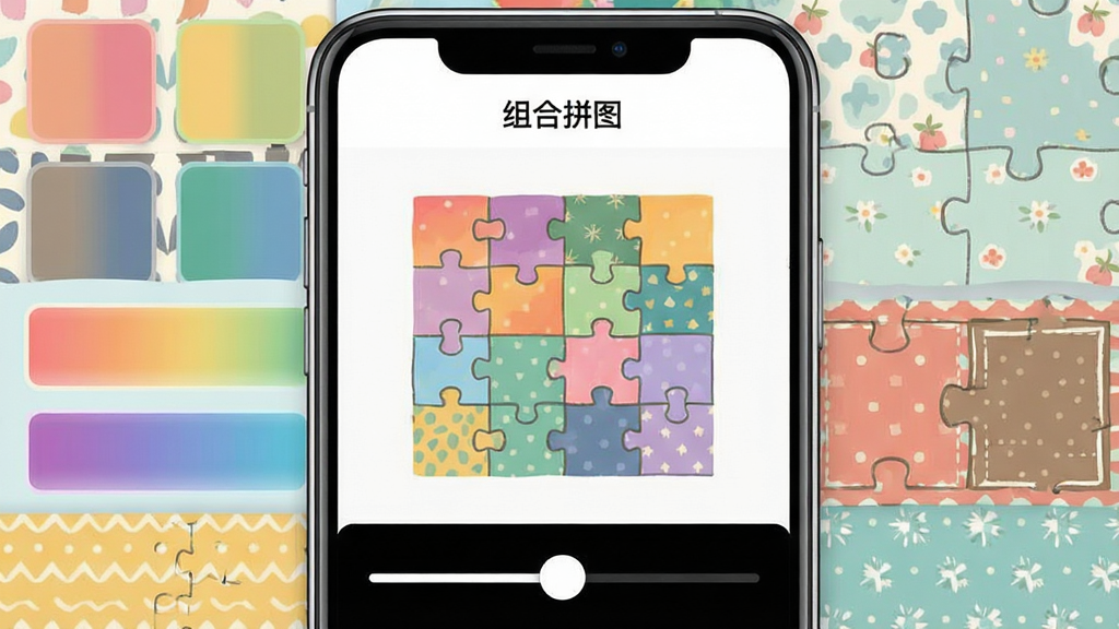 手机屏幕展示组合拼图软件的背景编辑界面,画面中拼图作品周围环绕着多种颜色和图案的背景选项,布局为上下分栏排版,风格为清新浅色系,细节包括颜色色块、渐变条、边框粗细调节滑块、顶部“组合拼图”标题,画质清晰干净,无多余元素