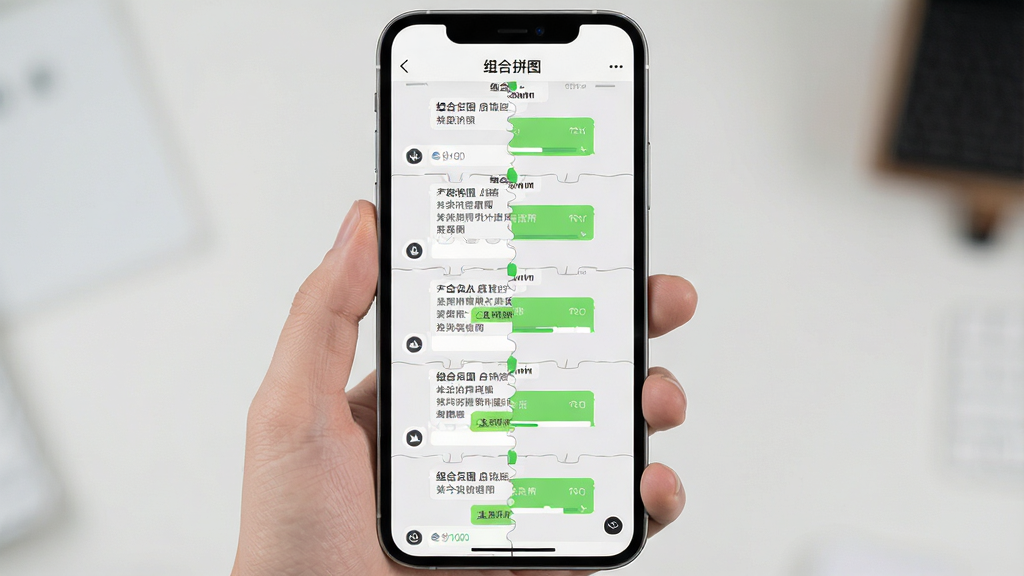 手机屏幕显示组合拼图软件的长图拼接界面,画面中多张聊天截图正被自动排列成一条竖向长图,布局为上下结构,风格为清爽浅色系,细节包括绿色拼接进度条、图片之间的细分割线、顶部标题栏写着“组合拼图”,画质高清干净,无多余元素