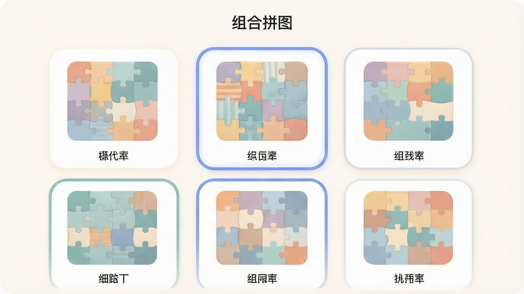 手机屏幕展示组合拼图软件的模板选择页面,画面中排列着多个不同风格的拼图模板缩略图,布局为三列网格排版,风格为柔和圆角卡片设计,细节包括每个模板下方的名称标签、选中状态的高亮边框、顶部“组合拼图”文字标识,画质清晰干净,无多余元素