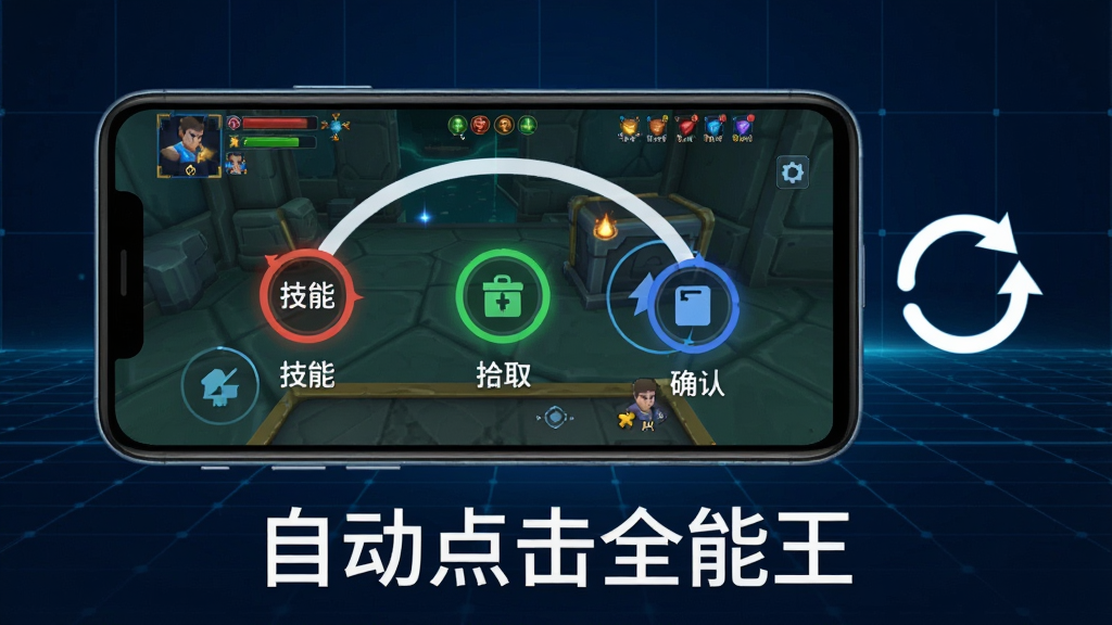 自动点击全能王多点循环点击功能示意图,画面中一部安卓手机横屏显示游戏画面,屏幕上有三个不同颜色的圆形标记点分别标注为