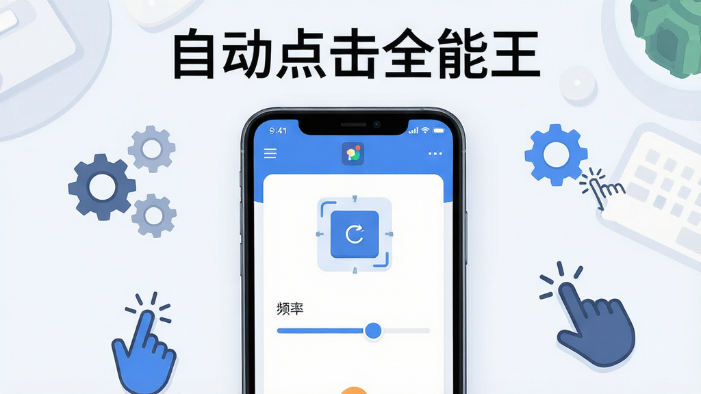 自动点击全能王软件主界面展示,画面中央放置一部智能手机,屏幕显示自动点击全能王的操作面板,面板上有坐标拾取按钮和频率调节滑块,背景是简洁的浅色桌面,周围散布几个小齿轮和点击手势图标,整体风格清新科技感,细节清晰,画质干净,无多余元素,图片上方有文字