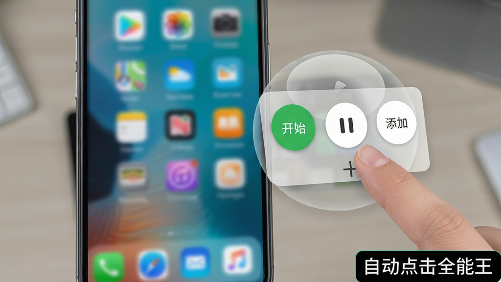 自动点击全能王悬浮控制面板操作场景,画面中一部手机竖屏显示,屏幕右侧有一个半透明的悬浮小球展开为小面板,面板上有