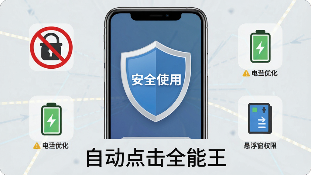 自动点击全能王安全使用注意事项插图,画面中一部手机屏幕显示一个盾牌图标和