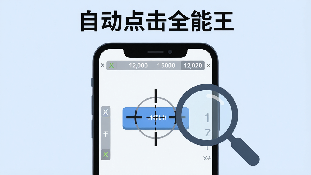 自动点击全能王坐标拾取功能演示,画面中一部手机屏幕显示一个十字准星正在对准一个按钮,屏幕边缘显示X和Y坐标数值,手机旁边有一个放大镜图标突出精准定位,背景是淡蓝色,风格为扁平化教学插图,细节清晰,画质干净,无多余元素,图片上方有文字