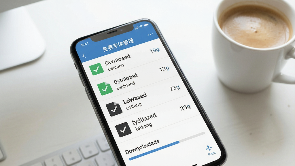 一张表现“免费字体下载”软件下载管理功能的场景图,画面中心是手机屏幕,显示下载管理页面,列表中有多个已下载的字体文件,每个文件旁边有对勾图标和文件大小,手机下方是正在下载的进度条,背景是干净的桌面,旁边有一杯咖啡,整体氛围轻松实用,画质细腻,无多余元素